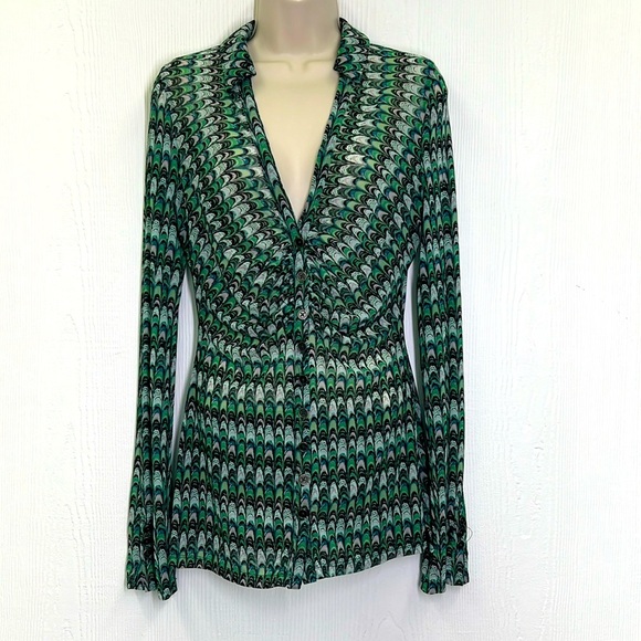 Free People - Green Fish Scale Button Down Ling Sleeve Sheer Blouse Size Small - Picture 1 of 11